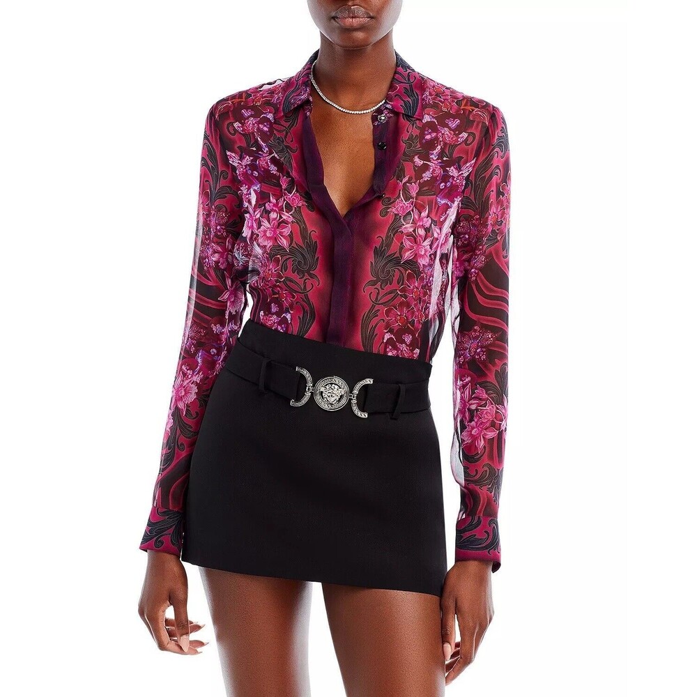 NWT Versace Medusa Orchid Floral Red Pink Silk Blouse Top 40/S/4
